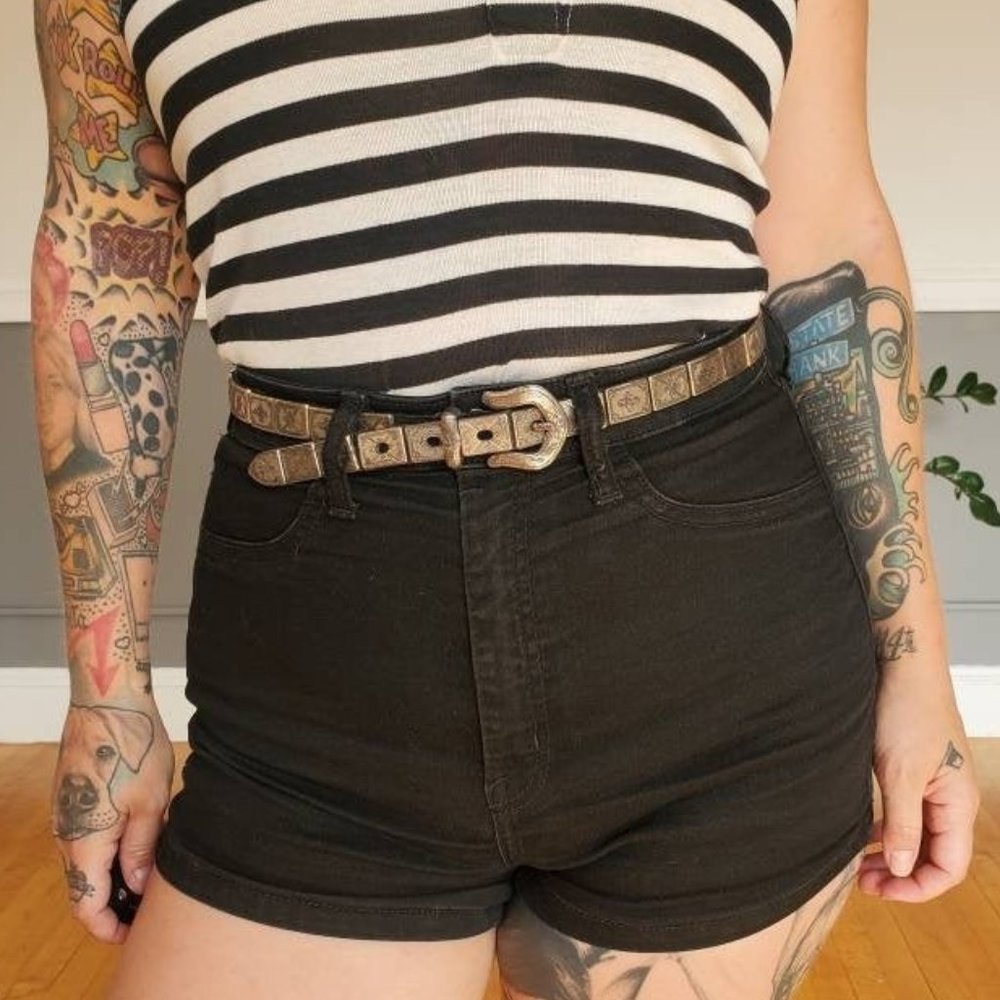 1996 Stamped Metal & Leather Belt, Sz 29-32.5in